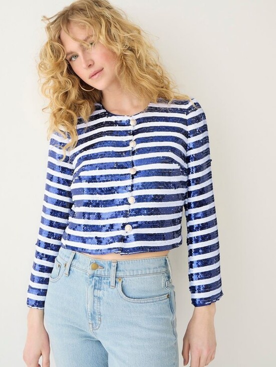J. Crew Jackets & Blazers - NWT J. Crew Collection Louisa Lady Jacket Sequin Blazer Striped Blue White Sz 8